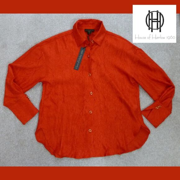 NWT House of Harlow 1960 Red Button Up Long-Sleeve Blouse (Over-Sized Fit) - Picture 1 of 10